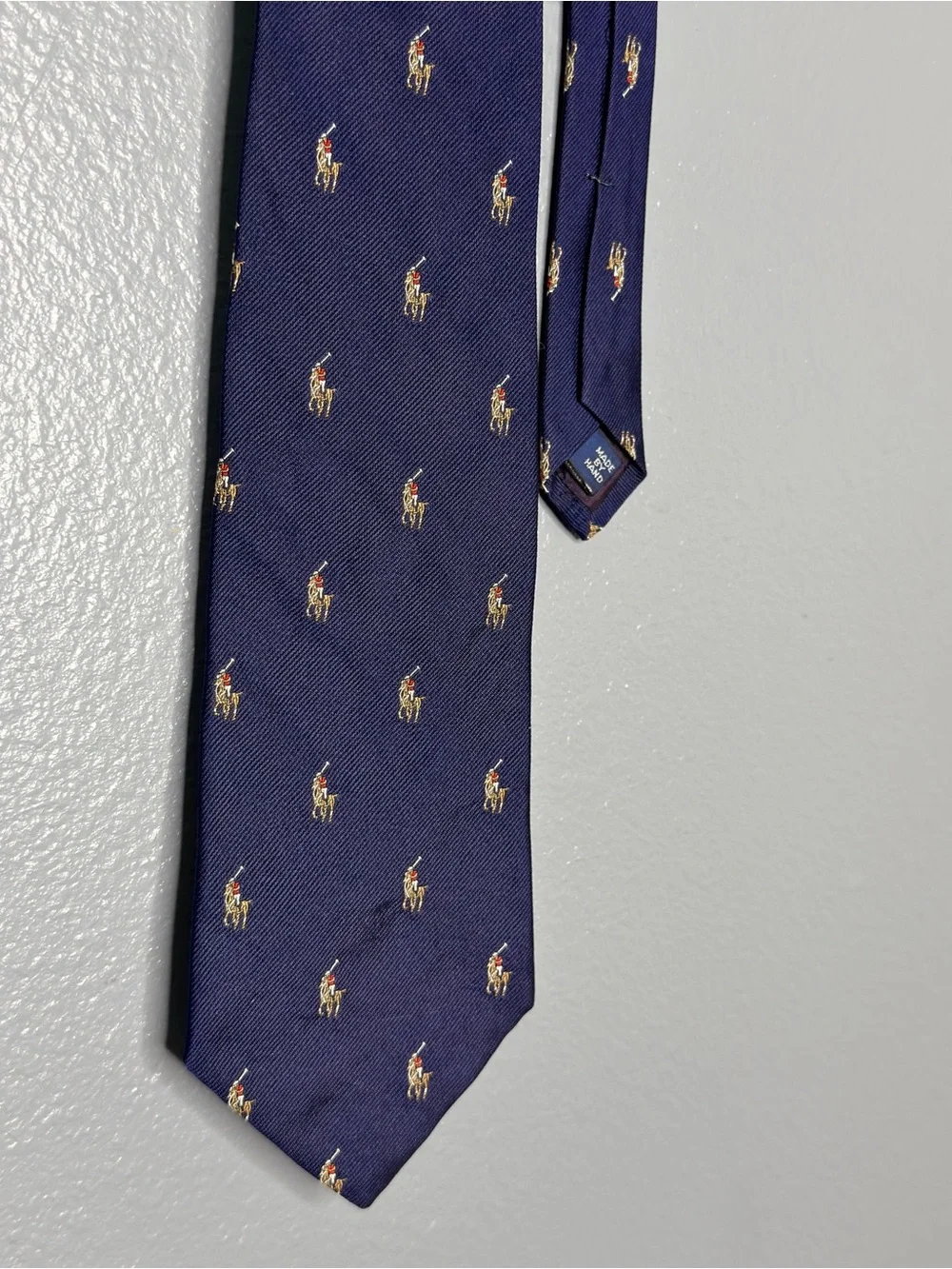 Ralph Lauren Navy Silk Tie with Polo Poney Player Motif Hand Made